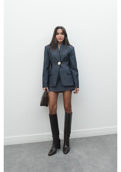 Koyu Mavi Forman Etek Ceket Denim Takım fırsatları