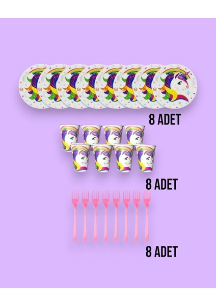 Unicorn Tabak Bardak Çatal 8 Li - Doğum Günü Parti Seti Malzemeleri