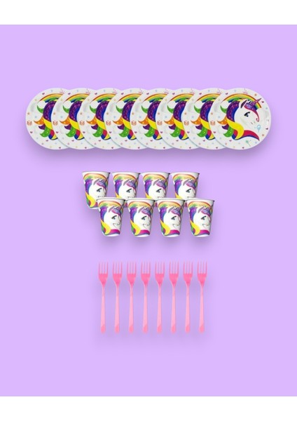 Unicorn Tabak Bardak Çatal 16 Li - Doğum Günü Parti Seti Malzemeleri