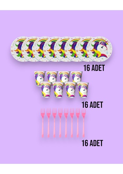 Unicorn Tabak Bardak Çatal 16 Li - Doğum Günü Parti Seti Malzemeleri