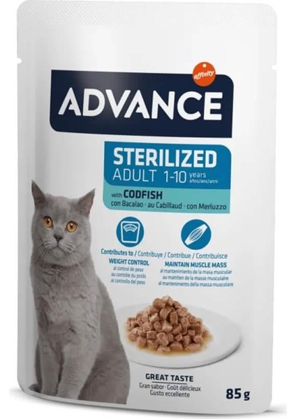 Morina Balıklı Kısırlaştırılmış Kedi Yaş Mama 85gr 12 Adet Advance Sterilised Codfish Kedi Pouch