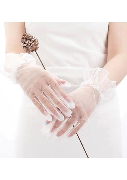 Kısa Boy Likralı Güpürlü Yetişkin Tül Eldiven Beyaz Renk