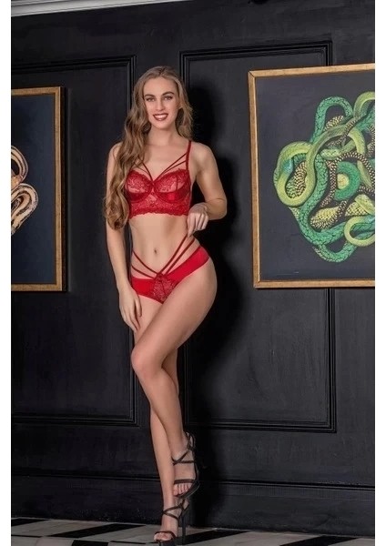 Transparan Kadın Bordo Bralet ve String Takım