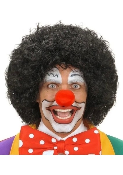 Siyah Renk Kıvırcık Afro Bonus Peruk Saç ve Kırmızı Sünger Burun Seti