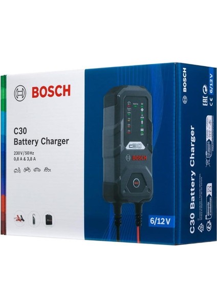 6V-12V ŞARJ REDRESÖRÜ (AKÜ ŞARJ CİHAZI) OTOMATİK C30 (6V-0.8 A / 12V-3.8 A) (+AGM)
