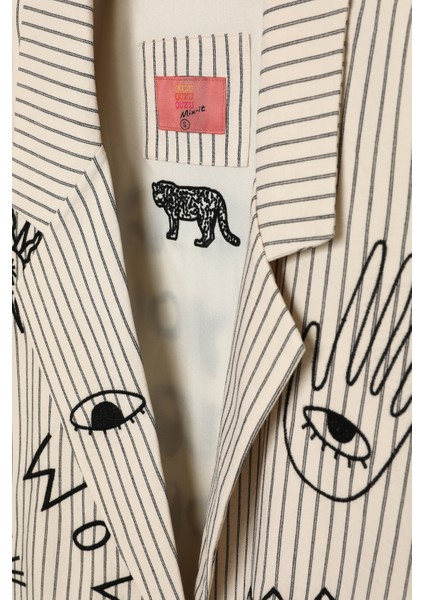 Çizgili Nakışlı Kruvaze Yaka Blazer Ceket Bej fiyatları