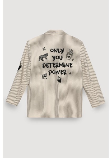 Çizgili Nakışlı Kruvaze Yaka Blazer Ceket Bej modelleri