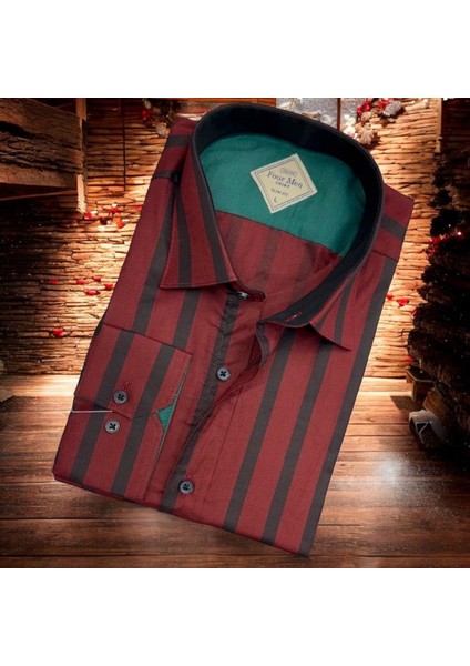 Pamuklu Bordo Uzun Kollu Çizgi Bloklu Erkek Gömlek (Slim Fit Kalıp)