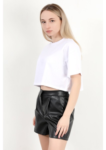 Kadın Bisiklet Yaka %100 Pamuk Basic Crop T-Shirt Beyaz - 925007