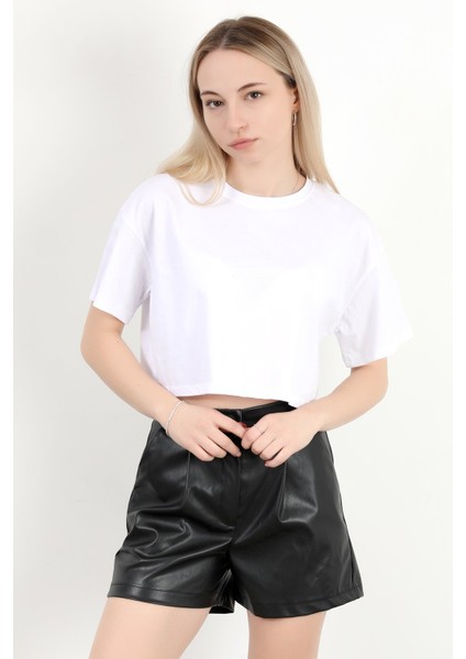 Kadın Bisiklet Yaka %100 Pamuk Basic Crop T-Shirt Beyaz - 925007 indirimleri