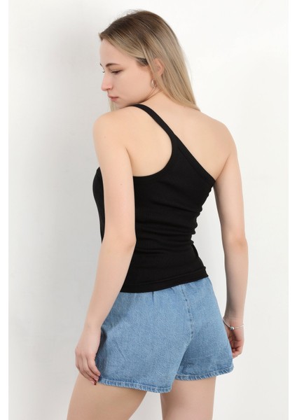 Kadın Tek Omuz Asimetrik Yaka Dokulu Bluz Siyah - MS0000579 modelleri