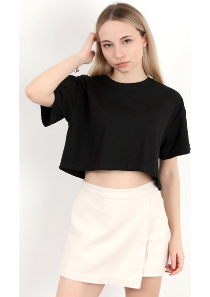 Kadın Bisiklet Yaka %100 Pamuk Basic Crop T-Shirt Siyah - 925007