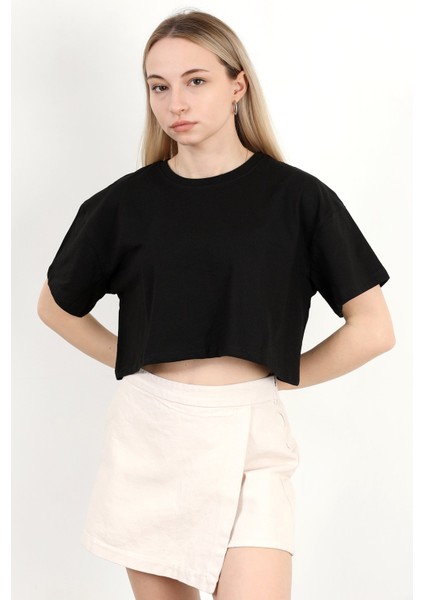 Kadın Bisiklet Yaka %100 Pamuk Basic Crop T-Shirt Siyah - 925007 fiyatları