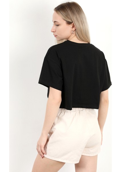 Kadın Bisiklet Yaka %100 Pamuk Basic Crop T-Shirt Siyah - 925007 modelleri
