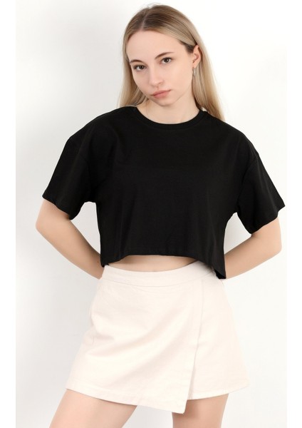 Kadın Bisiklet Yaka %100 Pamuk Basic Crop T-Shirt Siyah - 925007 fırsatları