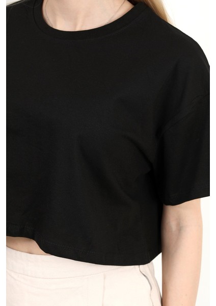 Kadın Bisiklet Yaka %100 Pamuk Basic Crop T-Shirt Siyah - 925007 indirimleri