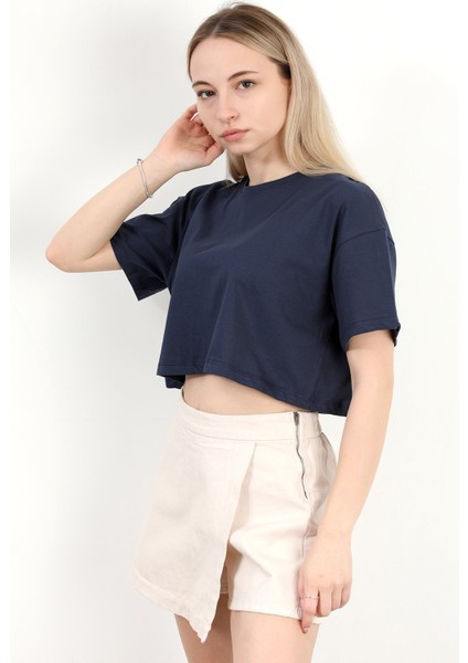 Kadın Bisiklet Yaka %100 Pamuk Basic Crop T-Shirt Lacivert - 925007