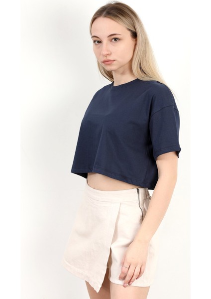 Kadın Bisiklet Yaka %100 Pamuk Basic Crop T-Shirt Lacivert - 925007 fiyatları