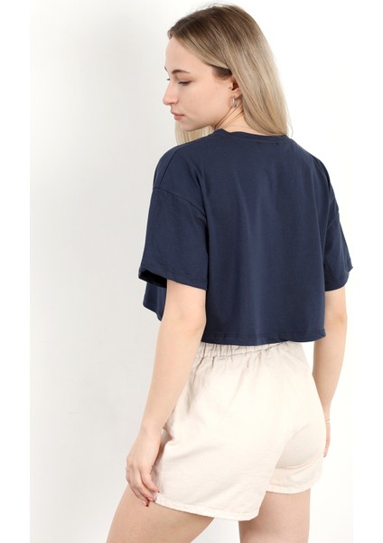 Kadın Bisiklet Yaka %100 Pamuk Basic Crop T-Shirt Lacivert - 925007 modelleri