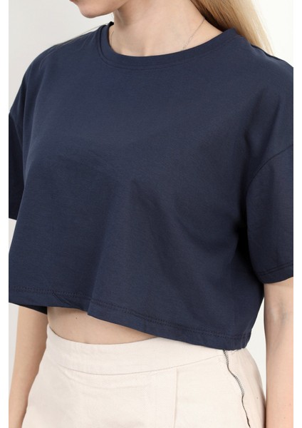 Kadın Bisiklet Yaka %100 Pamuk Basic Crop T-Shirt Lacivert - 925007 fırsatları