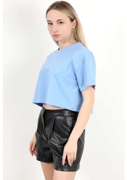 Kadın Bisiklet Yaka %100 Pamuk Basic Crop T-Shirt Mavi - 925007