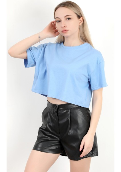 Kadın Bisiklet Yaka %100 Pamuk Basic Crop T-Shirt Mavi - 925007 fiyatları