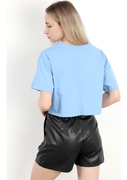 Kadın Bisiklet Yaka %100 Pamuk Basic Crop T-Shirt Mavi - 925007 modelleri