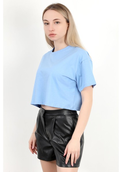 Kadın Bisiklet Yaka %100 Pamuk Basic Crop T-Shirt Mavi - 925007 fırsatları