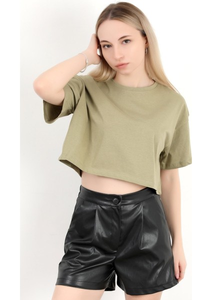 Kadın Bisiklet Yaka %100 Pamuk Basic Crop T-Shirt Haki - 925007