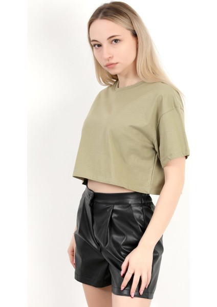 Kadın Bisiklet Yaka %100 Pamuk Basic Crop T-Shirt Haki - 925007 fiyatları