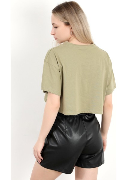 Kadın Bisiklet Yaka %100 Pamuk Basic Crop T-Shirt Haki - 925007 modelleri
