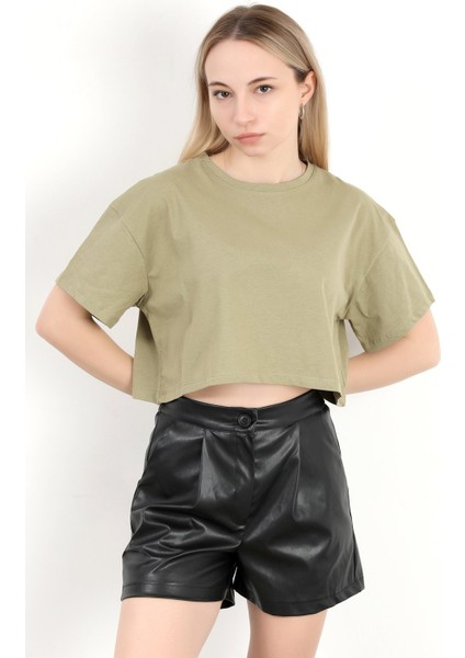 Kadın Bisiklet Yaka %100 Pamuk Basic Crop T-Shirt Haki - 925007 fırsatları