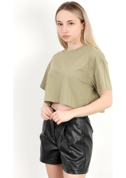 Kadın Bisiklet Yaka %100 Pamuk Basic Crop T-Shirt Haki - 925007 indirimleri