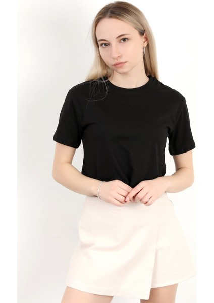Kadın Bisiklet Yaka Basic Spor T-Shirt Siyah - 925003