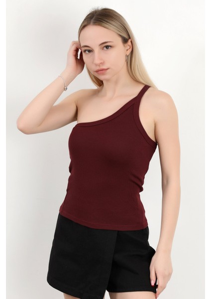 Kadın Tek Omuz Asimetrik Yaka Dokulu Bluz Bordo - MS0000579