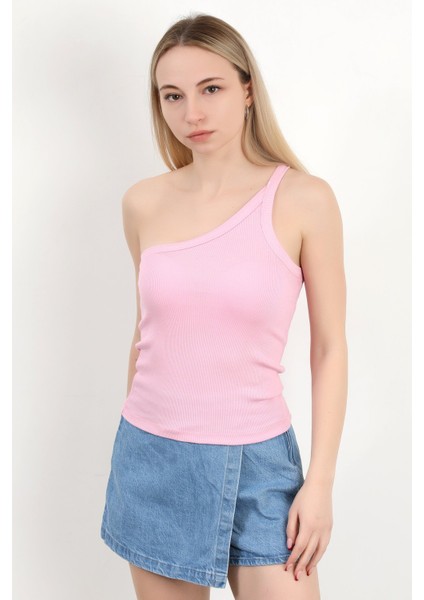 Kadın Tek Omuz Asimetrik Yaka Dokulu Bluz Pembe - MS0000579