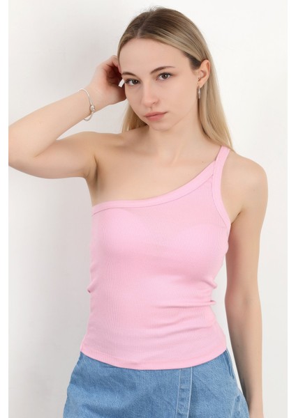 Kadın Tek Omuz Asimetrik Yaka Dokulu Bluz Pembe - MS0000579 modelleri