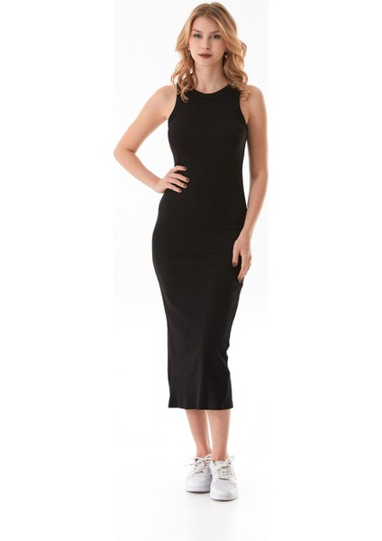 Basic Fitilli Halter Yaka Yırtmaçlı Elbise