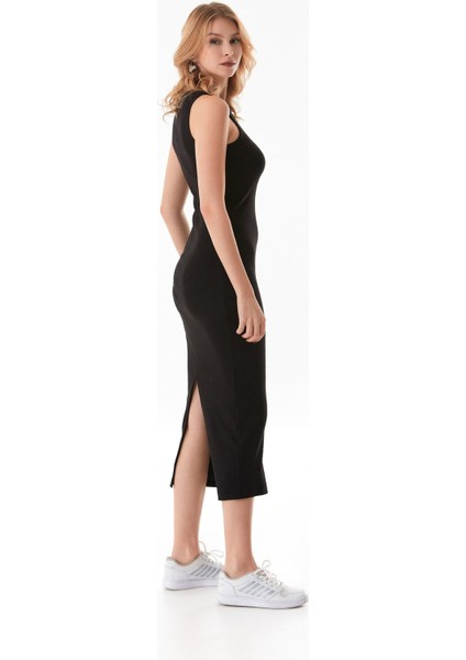 Basic Fitilli Halter Yaka Yırtmaçlı Elbise
