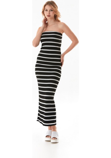 Çizgili Yırtmaçlı Triko Straplez Elbise