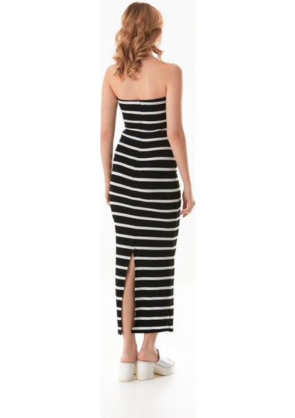 Çizgili Yırtmaçlı Triko Straplez Elbise fırsatları
