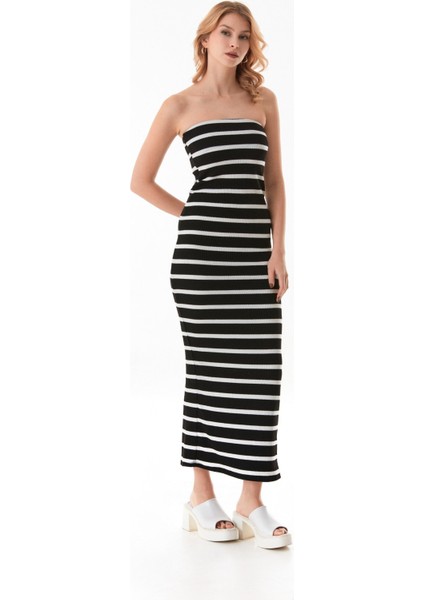 Çizgili Yırtmaçlı Triko Straplez Elbise indirimleri