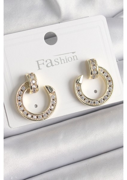 Pirinç Gold Renk Zirkon Taşlı Çivi Halka Model Kadın Küpe - TJ-BKP9846