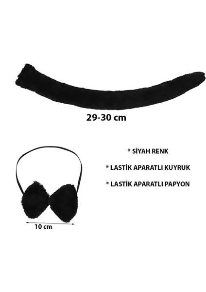 Peluş Siyah Renk Kuyruk ve Papyon Yetişkin Çocuk Uyumlu