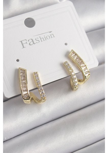 Pirinç Gold Renk Zirkon Taşlı Kadın Küpe - TJ-BKP9969