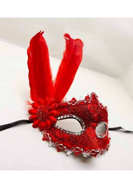 Kırmızı Renk Tüylü Dantelli Gözleri Taşlı Balo Parti Maskesi fırsatları