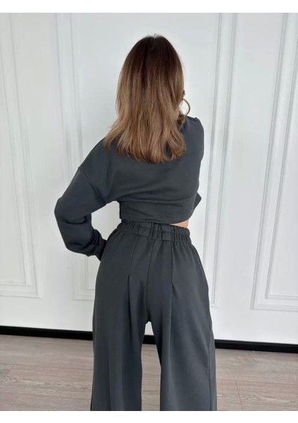 Uzun Kollu Önü Ip Büzgülü Crop ve Pantolon Ikili Takım - Antrasit