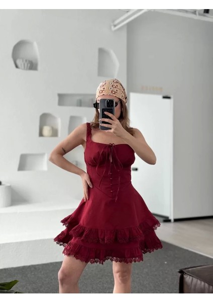 Mini Askılı Elbise - Bordo