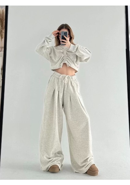 Uzun Kollu Önü Ip Büzgülü Crop ve Pantolon Ikili Takım - Gri