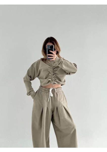 Uzun Kollu Önü Ip Büzgülü Crop ve Pantolon Ikili Takım - Haki